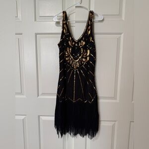 Black and Gold Beaded Flapper Dress